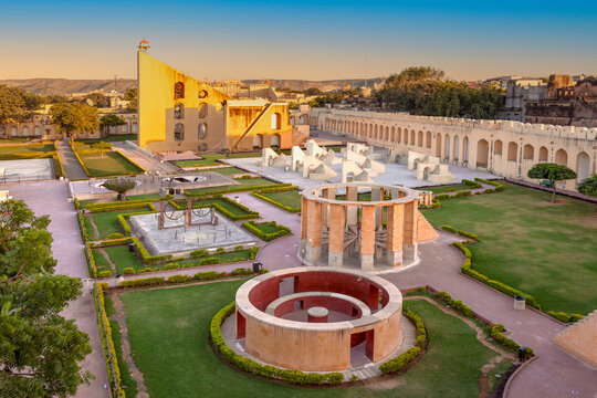 Aerial view of Jantar Mantar, a UNESCO World Heritage site and astronomical observatory in Jaipur, Rajasthan.